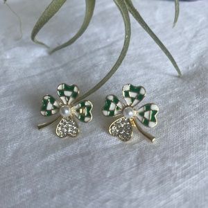 🌟Buy 2 Pairs, Get One Free, NWT Green and White 14K Gold-Plated Clover Earrings